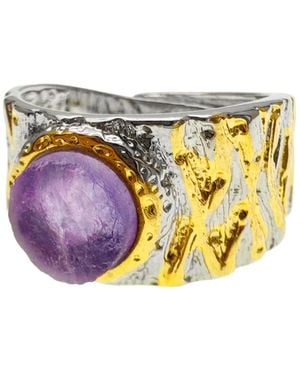 Farra Amethyst Stone Platinum Plated Brass Adjustable Ring - White