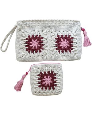 Springmoonatelier Handmade Crochet Bag Set – Lined Cotton Clutch And Mini Pouch - White