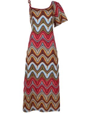 Lalipop Design One-Shoulder Multi-Color Knitted Maxi Dress - Red