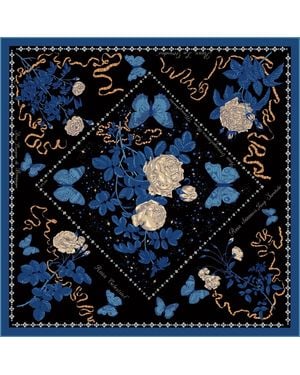 Wenzi Midnight Roses Hand Painted Pattern Double Sided Silk Twill Scarf - Blue
