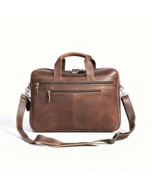 Touri Genuine Leather Briefcase With Zip Pockets - Brown