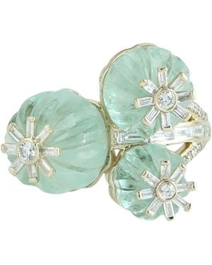 Artisan Carved Emerald & Diamond Cluster Ring - Green