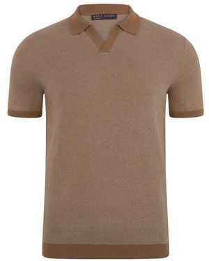Paul James Knitwear Mens Lightweight Cotton Giovanni Honeycomb Buttonless Polo Shirt - Brown