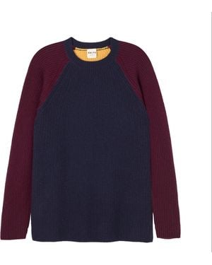 Salts Cashmere Colour Block Fishermens Rib Crew Neck Jumper - Blue