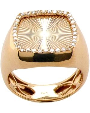 Artisan 18K Diamond Halo Signet Ring With Sunburst Engraving - Metallic