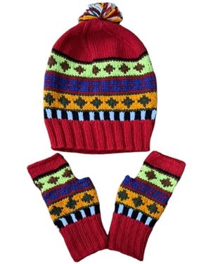Springmoonatelier Handcrafted Wool Hat And Fingerless Gloves - Red