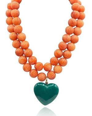 Michael Nash Jewelry Amour Carved Coral Resin Bead With Jade Resin Heart Pendant - Orange