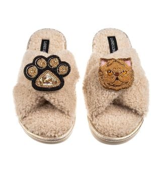Laines London Neutrals Boucle Slippers With Paw & Ginger Persian Cat Brooches - Metallic