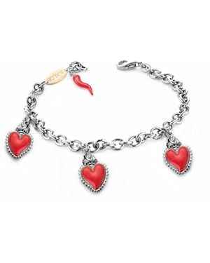 Unaloe Bracelet With Three Heart Pendants And Horn - Red