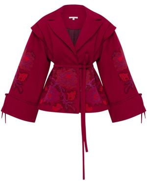 Annabo Crimson Pixel Rose Embroidered Wool Peplum Jacket