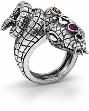 Unaloe Sterling Snake Ring With Natural Rubies – Serpent Statement Ring, Luxury Italian Artisan Jewellery For - Metallic