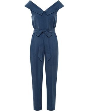 Femponiq Off Shoulder Belted Vegan Jumpsuit - Blue