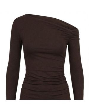 Monlicia Asymmetric Off-Shoulder Long Sleeve Stretch Lune Top - Brown