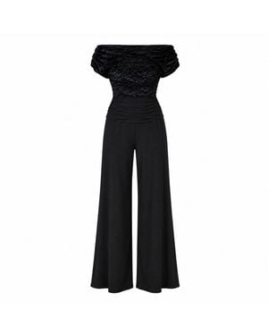 Atom Label Carbon Velvet Bardot Wide Leg Jumpsuit - Black