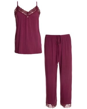 Pretty You London Bamboo Lace Cami Cropped Trouser Pj Set - Purple