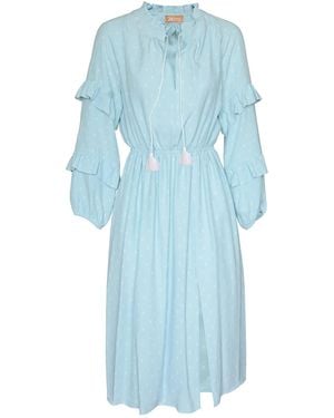 2KStyle Alexa Ruffled Floral Print Viscose Midi Dress With Tassels - Blue