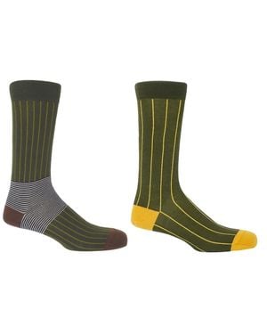Peper Harow - Made in England Sage Oxford Stripe & Pin Stripe Socks 2 Pack - Green