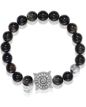 Aurozia Three Charms Solar Meridian Whitegold Plated Sundial And The Sun Coin Golden Obsidian Beaded Bracelet - Black