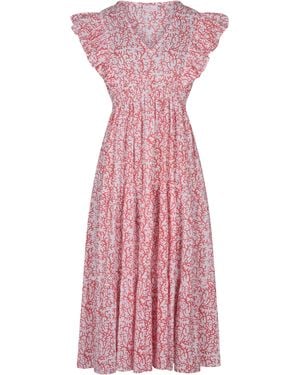 La Mandarine Floral Summer Maxi Dress, Frilled Sleeve Cotton Summer Dress With Pockets, Coralie - Pink