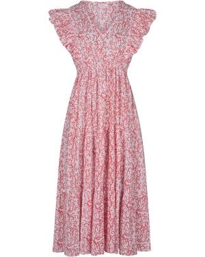 La Mandarine Floral Summer Maxi Dress, Frilled Sleeve Cotton Summer Dress With Pockets, Coralie - Pink