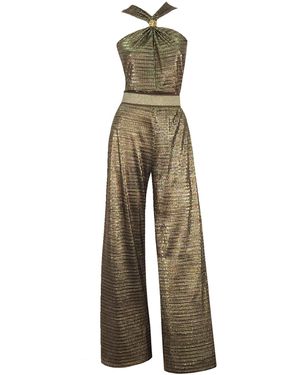 Me & Thee Pennies From Heaven Metallic Antique Jumpsuit - Green