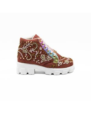 Rettrose The Lyla Luxury Dusky Suede Handmade Embellished Boot - Brown