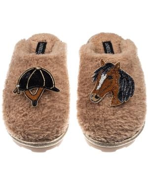 Laines London Neutrals Teddy Closed Toe Slippers With Horse & Riding Hat Brooches - Brown