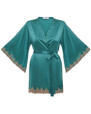 KÂfemme Silk Short Robe With Lace - Green