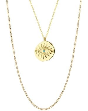 Spero London Eye Coin & Rectangular Chain Sterling Evil Eye Necklace Set - Metallic