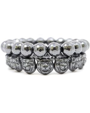 Shar Oke Lion Dark Hematite Beaded Bracelet Set - Grey