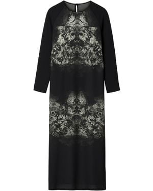 Conquista Long-Sleeve Midi Dress With Artistic Monochrome Print - Black
