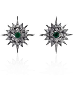 Artisan 18K & Emerald & Diamond Starburst Stud Earrings - Metallic