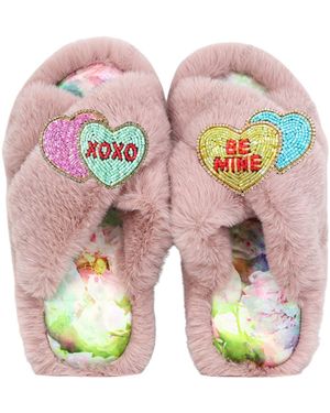 Yomisma Eco Faux Fur Slippers – Recycled Faux Fur “Be Mine + Xo” Valentines Removable Hand Beaded Brooches - Pink