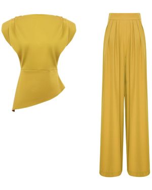BLUZAT Lime Set With Structured Shoulder Top And Palazzo Pants - Yellow