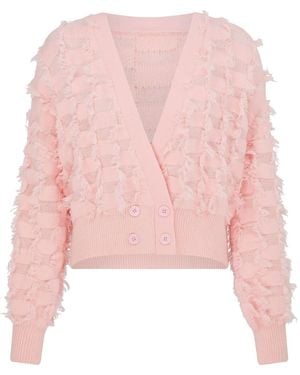 Sour Figs Fringed Checkerboard Cardigan - Pink