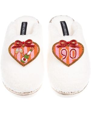 Laines London Neutrals Teddy Closed Toe Slippers With 90Th Stripe Heart Birthday Brooches - Red