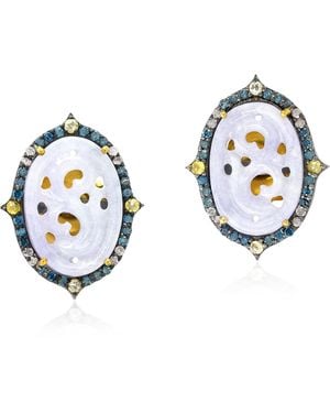 Artisan 18K & Carved Jade & Colored Diamond Stud Earrings - Blue
