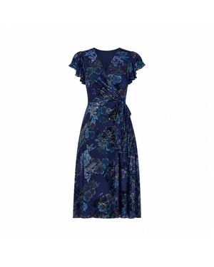 Yumi' Velvet Floral Wrap Midi Dress - Blue