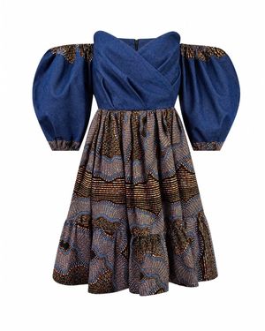 Ohema Ohene Michaela Denim & African Print Off-Shoulder Dress - Blue