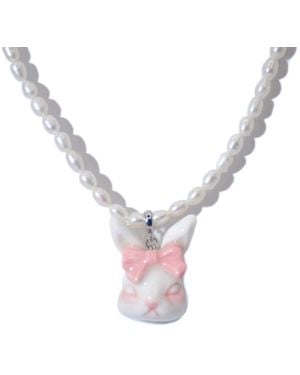 H2 Studio Grumpy Bunny Pinky Bow Tie Freshwater Pearl Necklace - White