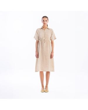 Haris Cotton Neutrals Striped Linen Button Front Dress With Drawstring Waist Beach Sand - Natural