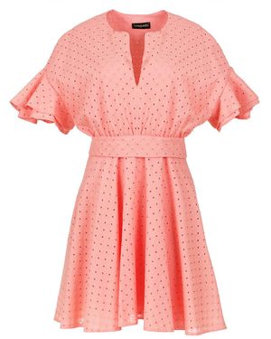 Conquista Coral Embroidered Dress With Ruffle Sleeves - Pink