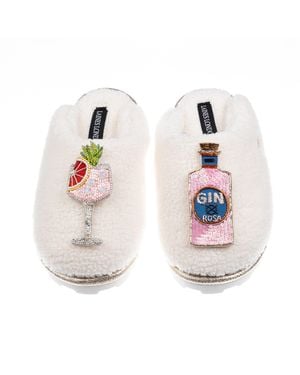 Laines London Neutrals Teddy Closed Toe Slippers With Rosa & Grapefruit Gin Brooches - White