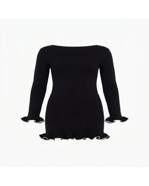 Ashita Fernandes Milano Knit Body-Skimming Short Dress With Boat Neck & Ruffle Detail - Black