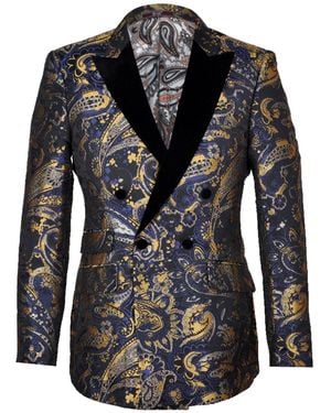DAVID WEJ Kensington Double Breasted Peak Lapel Jacquard Blazer - Black