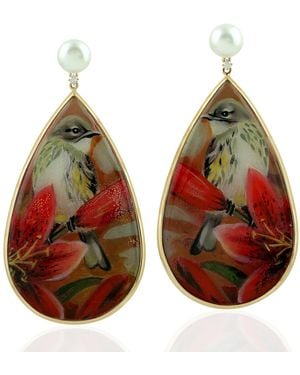 Artisan Hand-Painted Bakelite, Diamond & Pearl Bird Drop Earrings - Multicolour