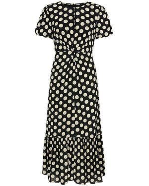 Yumi' Velvet Spot Print Twist Knot Waist Midi Dress - Black