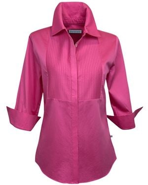 Perlavera Cintuck Satin Three Quarter Sleeve Slim Fit Pintuck Shirt - Pink