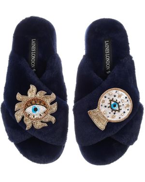 Laines London Classic Laines Slippers With Double Mystic Eye Brooches - Blue
