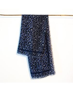 Lamberty Munich Snow Leopard Maxi Cube Silk & Wool Scarf - Blue